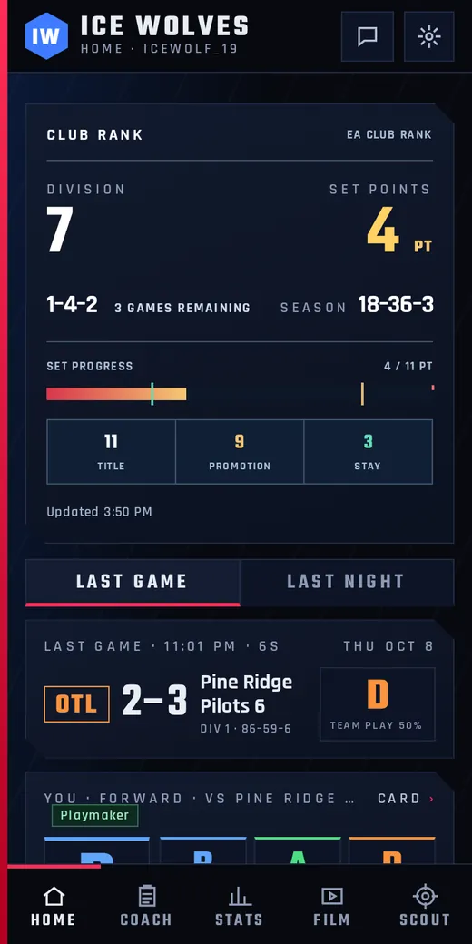 Bench Boss app home screen: team card, last game and grades